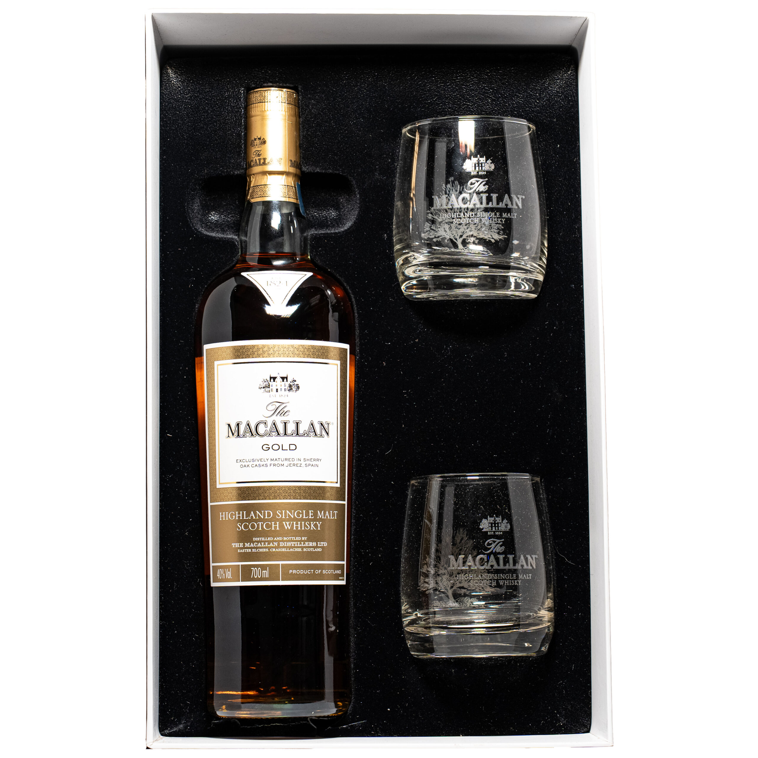 Macallan Gold 1824 Series Whisky Gift Set 700ml bottle and packaging