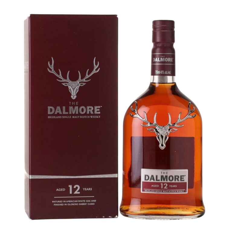 The Dalmore 12 Year Old Highland Single Malt Scotch Whisky 750ml bottle with burgundy presentation box