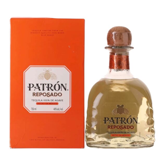Patrón Reposado Tequila 750ml bottle with orange presentation box