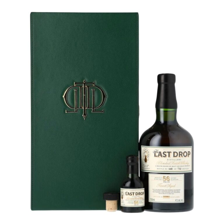 The Last Drop 56 Year Old Blended Scotch Whisky 750ml bottle with green presentation case and miniature bottle
