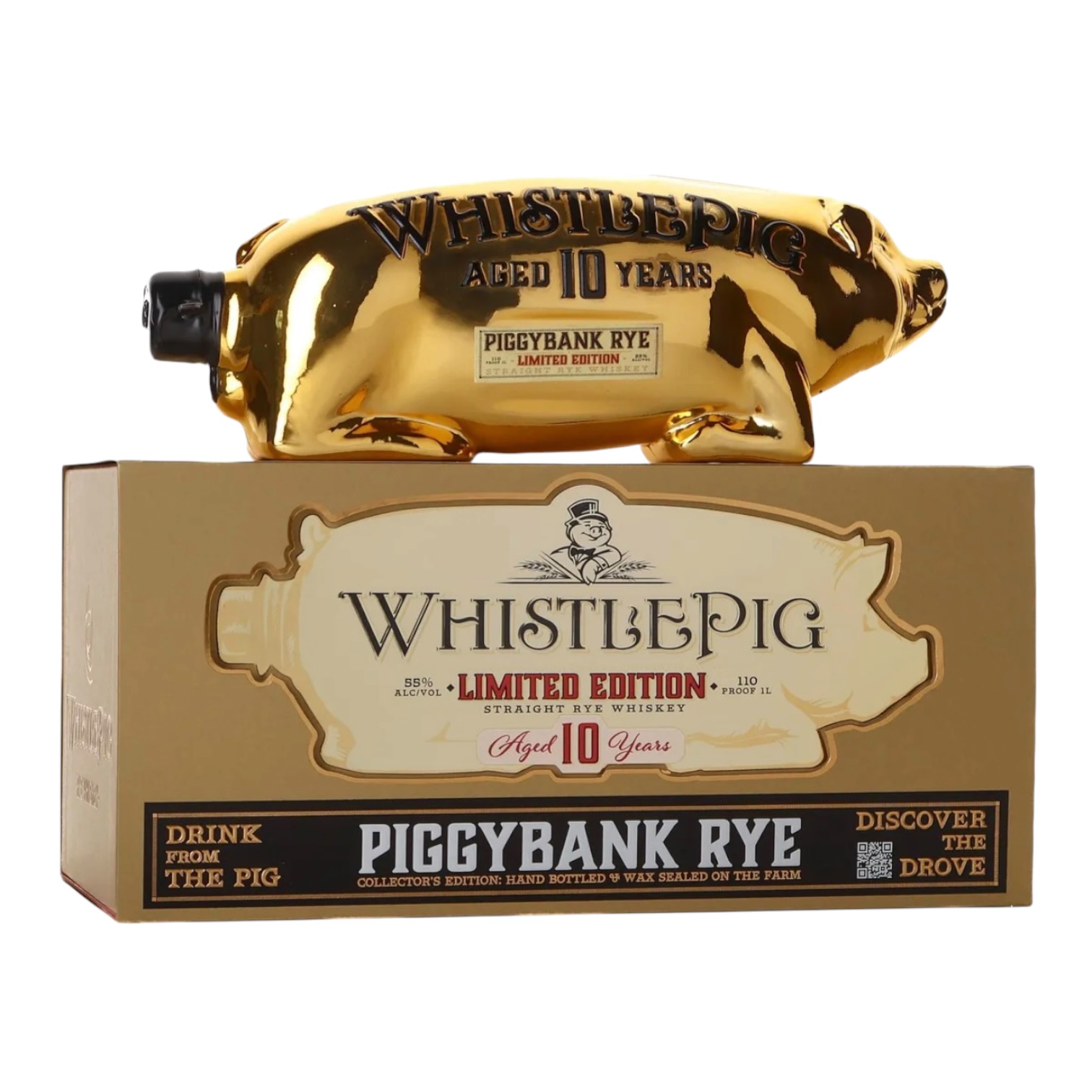 WhistlePig PiggyBank Rye 10 Year Old Limited Edition Straight Rye Whiskey 1L gold pig bottle with collector box