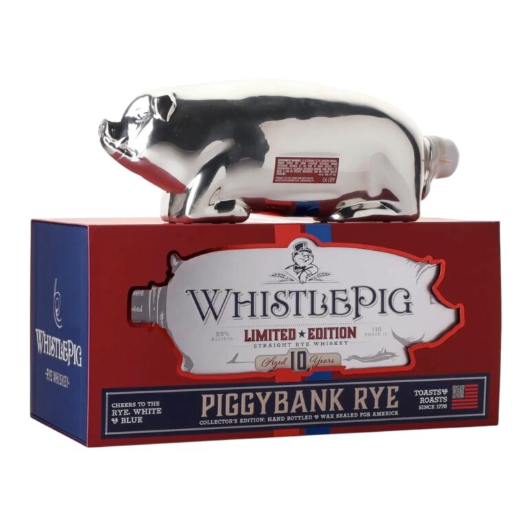 WhistlePig PiggyBank Rye 10 Year Old Red White Blue Limited Edition 1L silver pig bottle with collector box