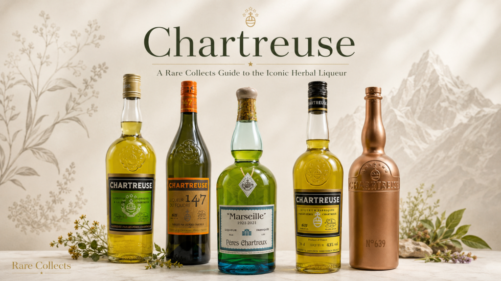 Chartreuse liqueur collection featuring vintage and limited-edition bottles including Chartreuse 147 and Marseille 1921–2021